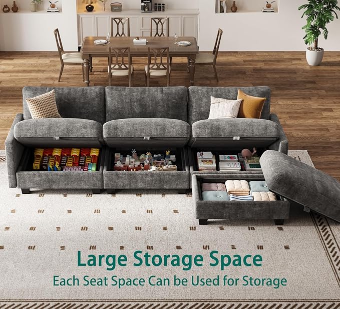 Modular Sectional U Shaped Sofa Couches for Living Room Cloud Couch with Storage Ottoman Comfy Chenille Sofa with Pillow Dark Gray