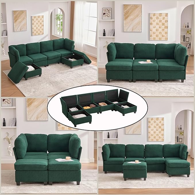 113 Modular Sectional Sofa Couch with Storage U Shaped 4 Seat Couches with Movable Ottoman Freely Combinable Deep Seat Sofa Upholstered Sectional Couches for Living Room Emerald