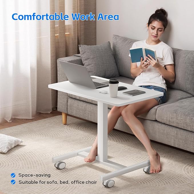 Mobile Small Standing Rolling Desk Adjustable Height Portable Laptop Desk on Wheels Workstation for Home Office with HookWhite
