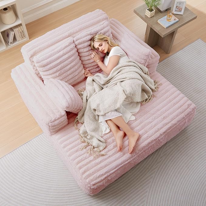 56 Oversized Chaise Lounge Chair IndoorPlush Faux Fur Sleeper Sofa Couch Bed with Pillows&ampWide ArmrestsFluffy Comfy Cloud CouchCompression Foam Couch for Living RoomBedroom(Pink)