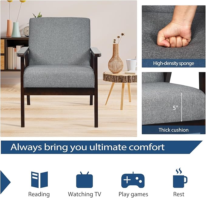 POWERSTONE Mid Century Accent Chair Modern Living Room Armchair Linen Upholstered Reading Lounge Chair Leisure Side Chair with Wood Leg for Bedroom Dark Grey