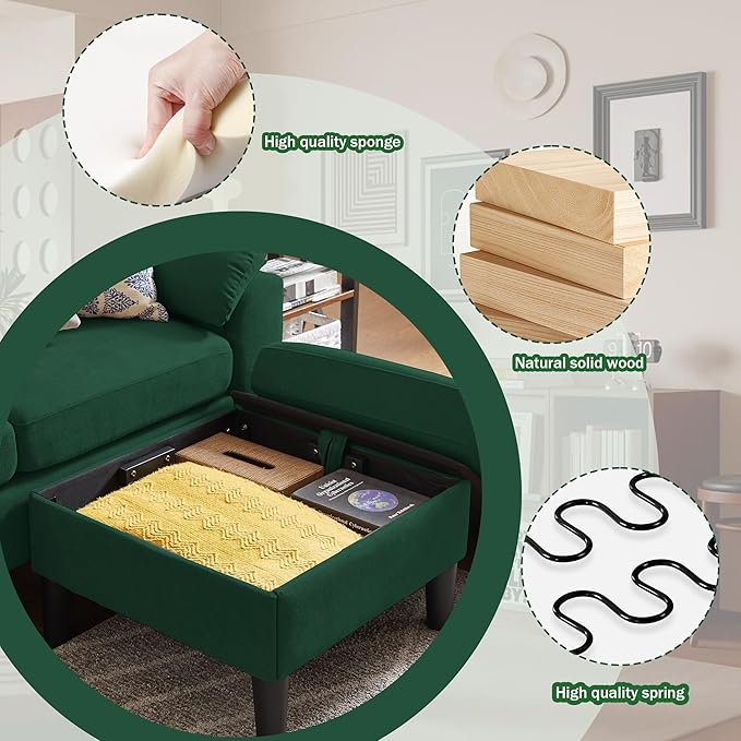 80 Convertible Sectional Sofa Small L Shaped 3 Seat Couch with Reversible Storage Chaise Modern Polyester Fabric Sofa Couches for Living Room Apartment and Small Space Green