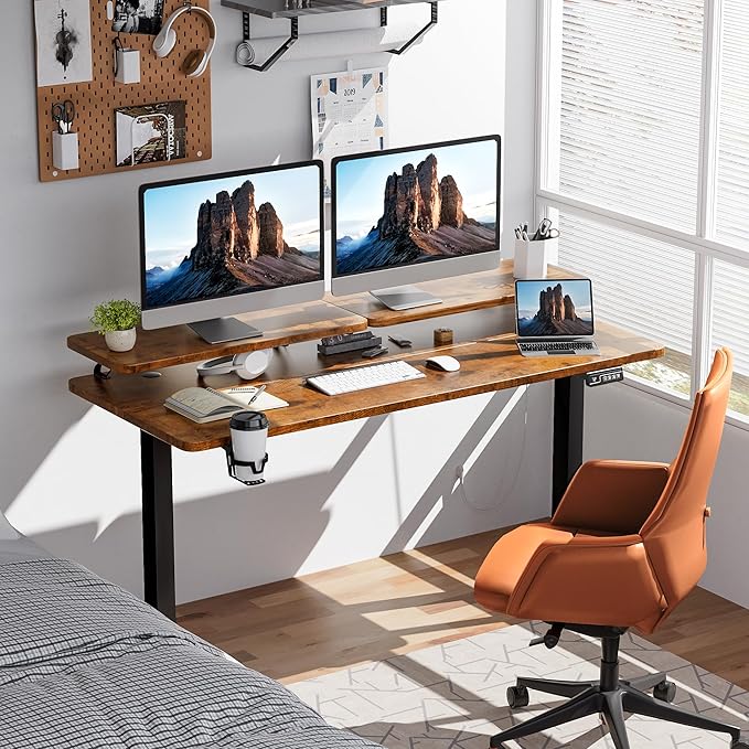 JUMMICO Electric Standing Desk Adjustable Height Desk 55 x 24 Inch with Monitor Stand (Rustic Brown)