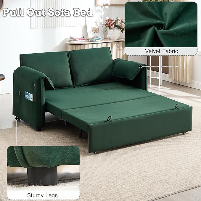 63 Velvet Pull Out Sofa Bed 3-in-1 Convertible Futon Loveseat Queen Sleeper Sofa Couch Bed with Adjustable Backrest USB Ports &amp Side Pockets Modern Sofas for Living Room Apartment Green