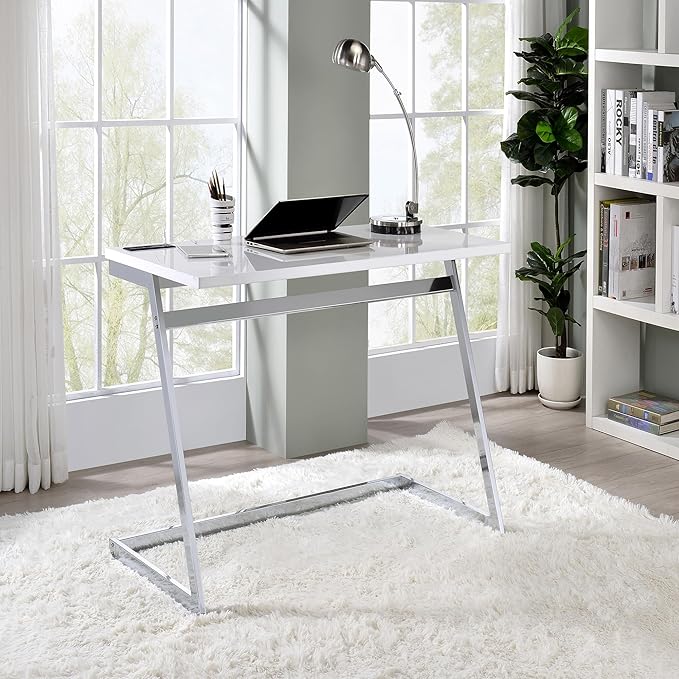 24/7 Shop at Home Andree Industrial Metal Writing Desk with USB Port Power Outlet for Workstation Home Office Study Room Gloss White and Chrome