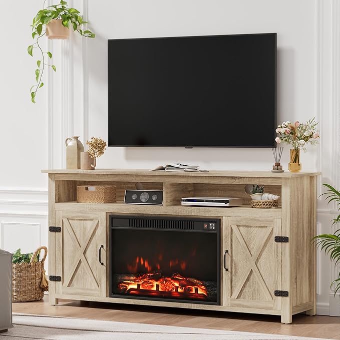 Furmax Farmhouse Fireplace TV Stand for TVs Up to 65 Inch Highboy Entertainment Center with Open Storage and Side Cabinets Rustic Media Console Table with Barn Doors for Living Room (Natural Oak)