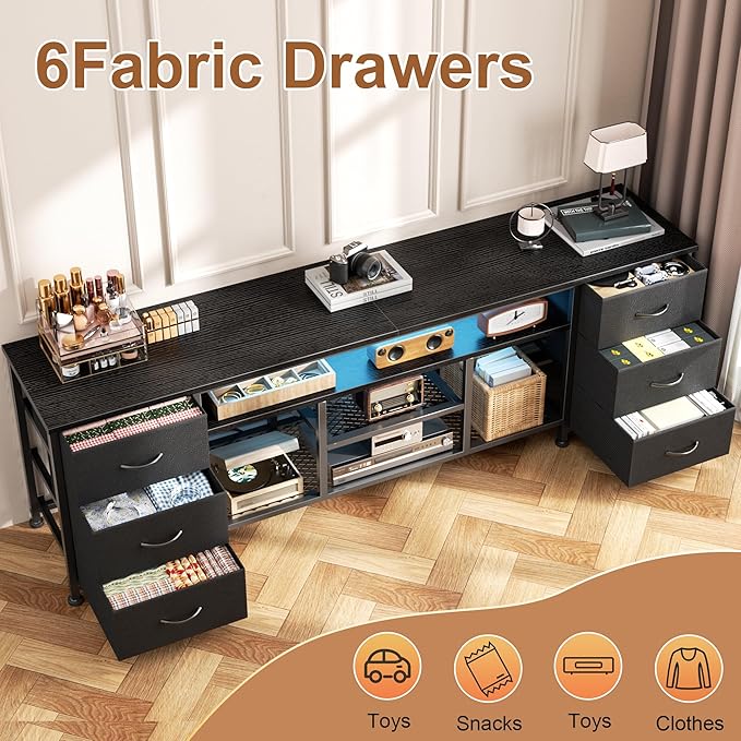 Furologee LED TV Stand for 65 70 Inch TV 63 Inch Entertainment Center with Power Outlets 6 Fabric Drawers Dresser for Bedroom Media Console with Open Shelves PU Leather Surface Black
