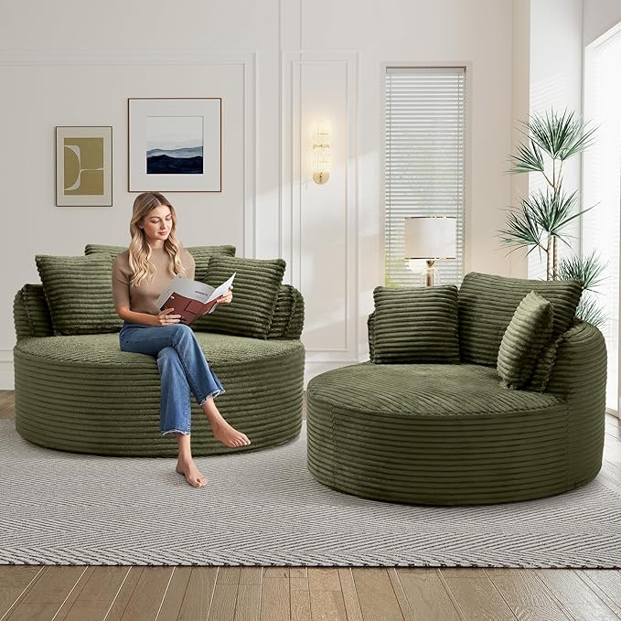 Antetek 53.5-inch Round Chair Modern Accent Corduroy Comfy Deep Seat Boneless Foam Floor Single Circle Chaise Sofa Chair with 3 Pillows for Living Room Bedroom Office No Assembly Required Green