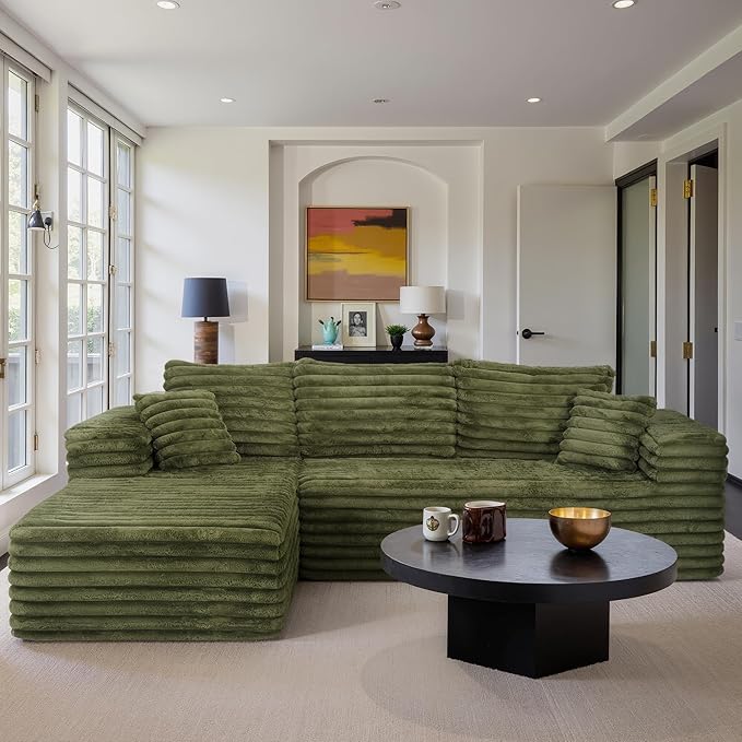 103 L Shaped Sectional Boneless Couch for Living Room Modern Modular Cloud Sofa with Left Facing Chaise Comfy Deep Seat Memory Foam Couch in Box No Assembly (5CM Wide Striped Corduroy Green)