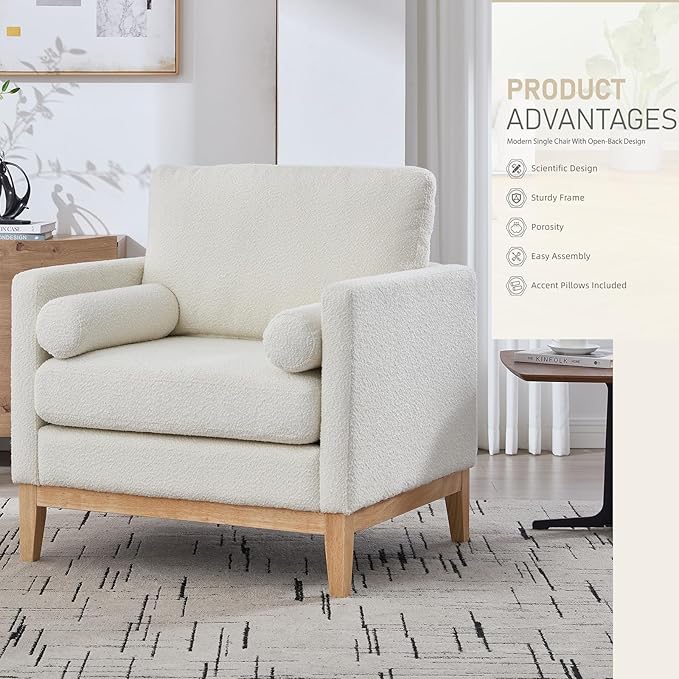 35.4 Ivory Boucle Modern Accent Chair with Wood Legs - Pocket Spring Foam SeatBolster PillowsEasy Assembly Reading Armchair Single Sofa for Living Room &amp OfficesLounge (Ivory+Natural Legs)