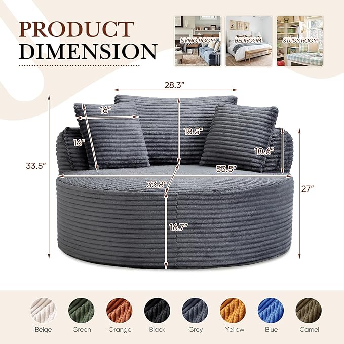 Antetek 53-inch Round Chaise Lounge Chair Indoor Modern Cloud Single Corduroy Couch with 3 Pillows Boneless Compressed Memory Foam Sofa Chair for Living Room Bedroom Apartment Grey