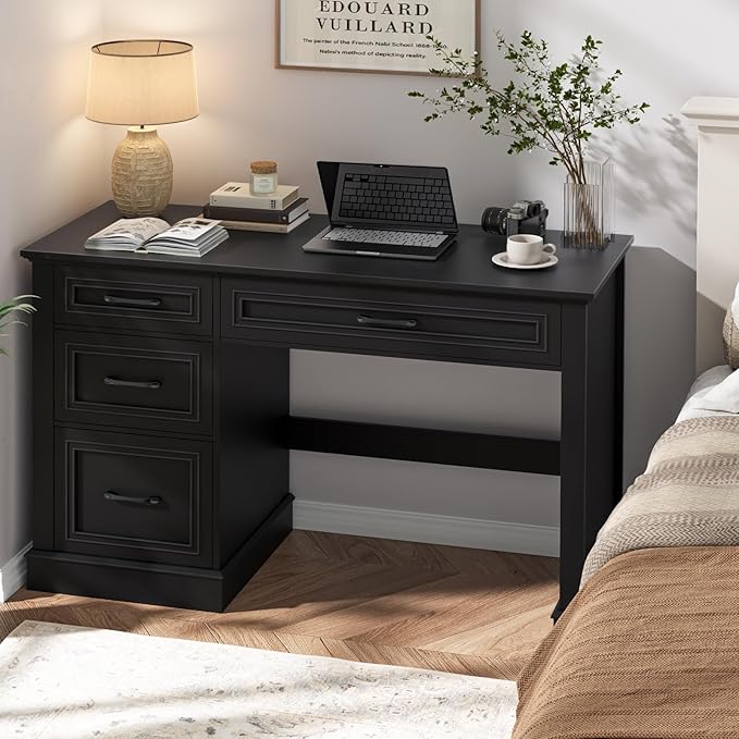 Farmhouse 47 Executive Desk with 3 Drawers and Adjustable File Drawer Workspace for Home Office and Study Pure Black.