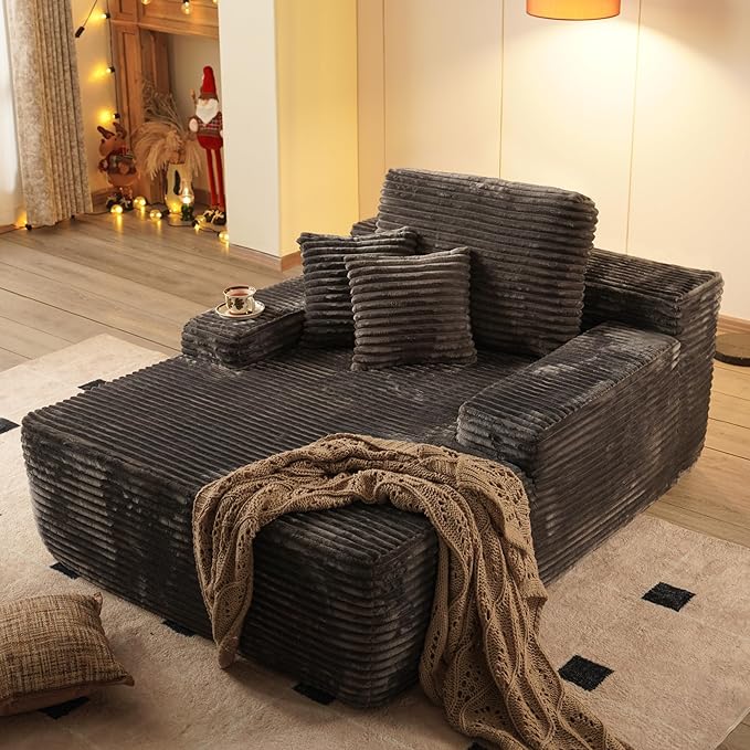 67x48 Oversized Chaise Lounge Chair Indoor Upholstered Sofa Bed with Plush Faux Fur Sleeper Couch Reading Chair Fluffy Cloud Sofa for Living Room Plush Gray
