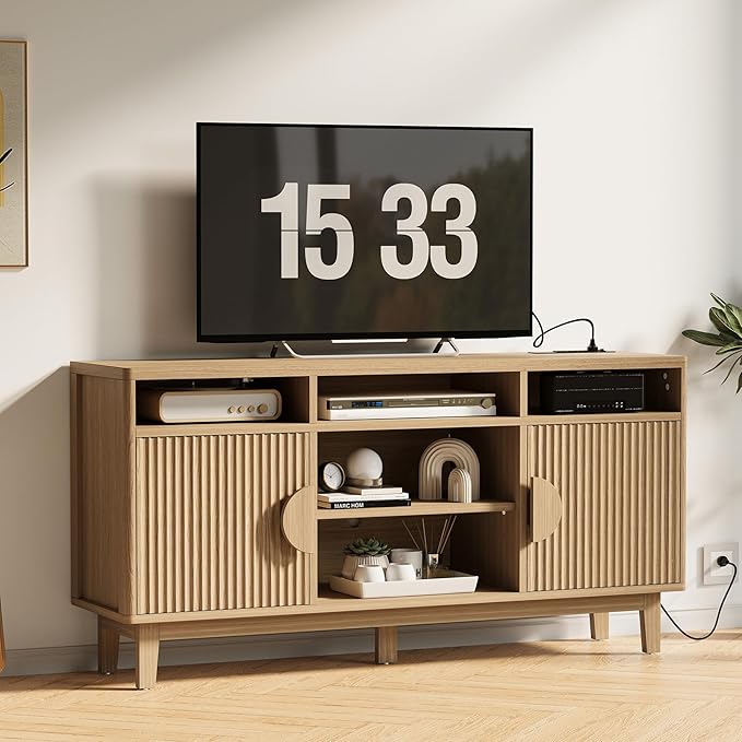 IRONCK TV Stand for 65 Inch TV 59 Inch Entertainment Center with Storage and Charging Station Modern Media Console with 3 Adjustable Shelf Fluted Doors Design Natural Oak