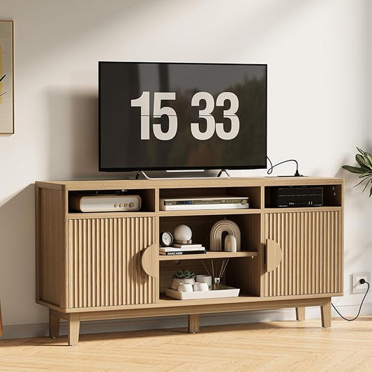 IRONCK TV Stand for 65 Inch TV 59 Inch Entertainment Center with Storage and Charging Station Modern Media Console with 3 Adjustable Shelf Fluted Doors Design Natural Oak