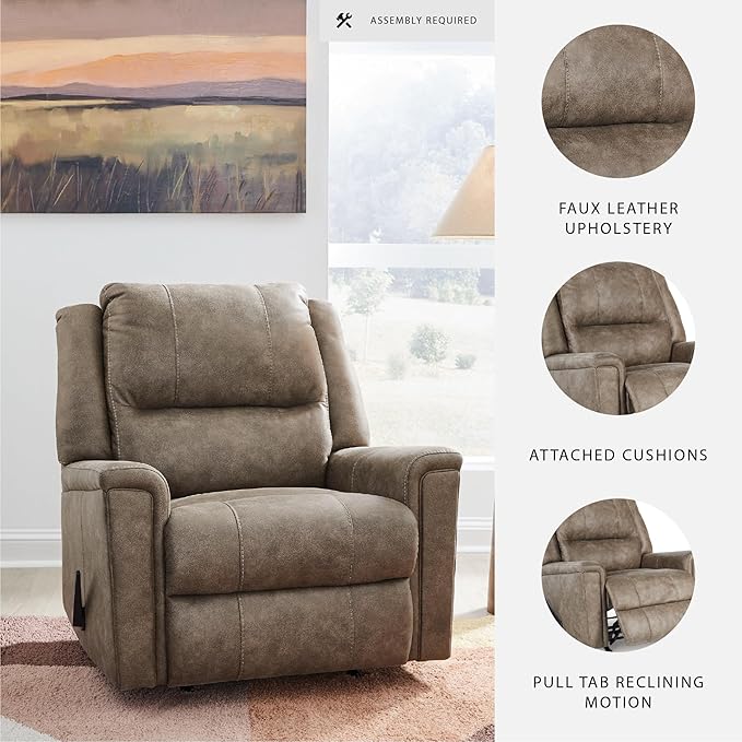 Signature Design by Ashley Skymaker Modern Faux Leather Manual Rocker Recliner with Track Arms Light Brown