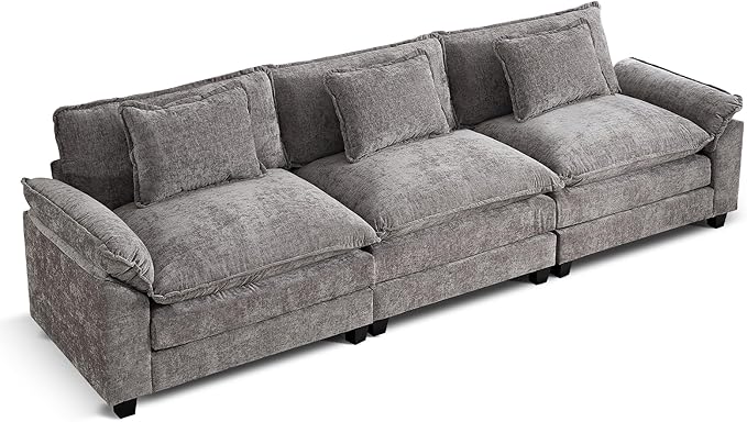 URRED Modular Sectional Sofa Comfy Cloud Couch Modern Chenille Sofa Sleeper Deep Seat Couches with Ottoman/Pillows for Living Room (Gray 117'')