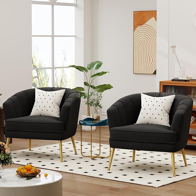Velvet Accent Chair for Living Room Bedroom Office - Upholstered Single Sofa Arm Chair With Metal Legs - Comfy Reading Leisure Club Coffee Chair - Black
