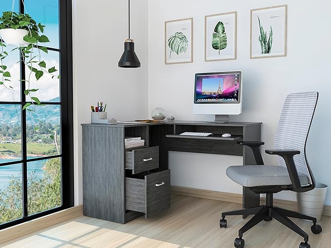 Space-Saving L-Shaped Desk with Drawers and CPU Shelf - Home Office Furniture