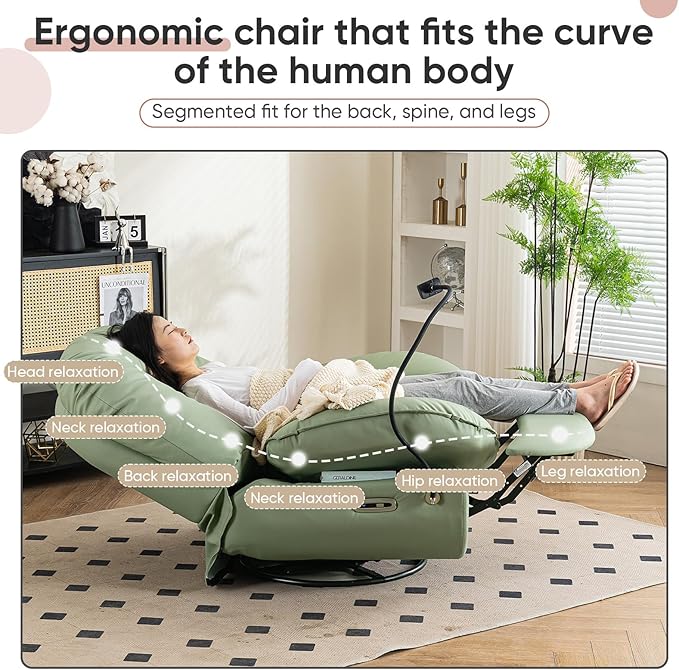 Oversized Electric Recliner Chair 360 Swivel Rocking Glider Rocker for Adults Modern Ergonomic Lounge for Living Room Phone Stand&amp Smart Control Theater Seating (Black Silicone Leather)