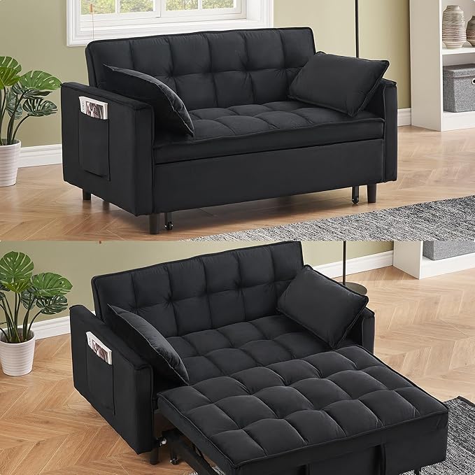 55 Sleeper Loveseat3 in 1 Sofa BedPull Out Couch Bed with 2 Pillows and Side PocketsVelvet Convertible Bed for Small Spaces Living Room (Black)