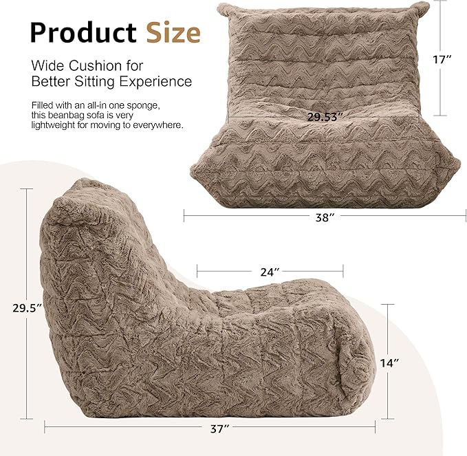Bean Bag Chairs for Adults Giant Bean Bag Chair Memory Foam BeanBag Chair Bean Bag Sofa with Filler Faux Fur Fireside Beanbags Lazy Sofa for Living Room Bedroom Office (Brown Chevron Single)