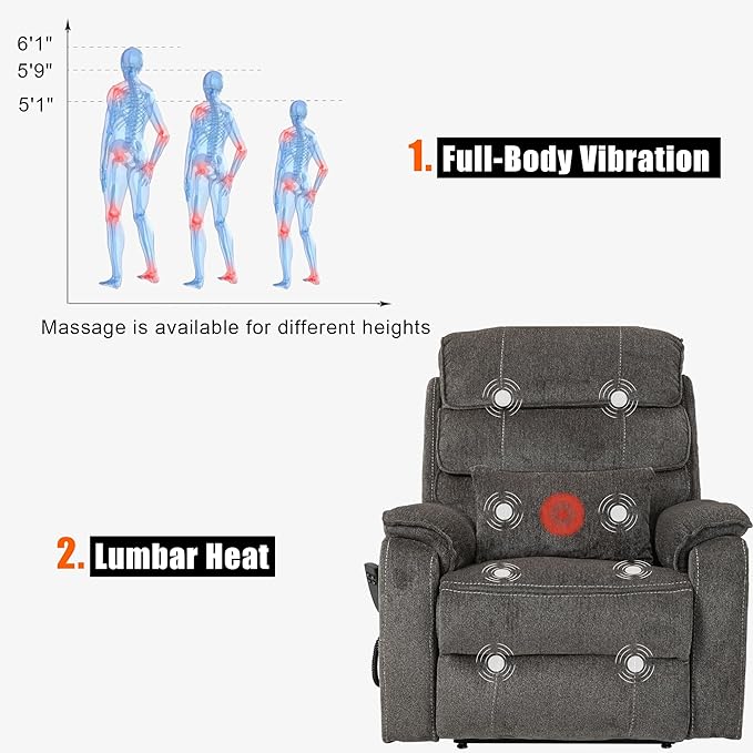 Lift Chair Lay Flat Recliner Heat Massage Dual Motor Infinite Position Power Recliners with Left Side Tray Table-Wireless ChargerCup Holder (Dark Grey Chenille Fabric)