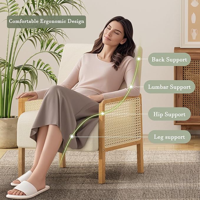 Rattan Accent Chair with Rattan Arms Mid Century Modern Chair for Living Room Linen Upholstered Comfy Chair for Bedroom Reading Room Home Office Beige