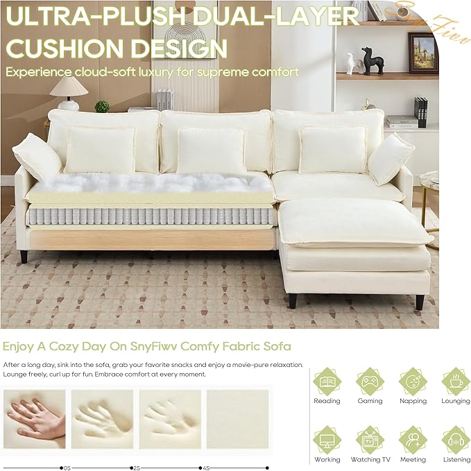 113 Chenille Modular Sectional Sofa Convertible L Shaped Modular Sofa Comfy Cloud Couch with Ottoman Side Pockets and 5 Throw Pillows for Living Room (Beige 113'' - 4 Seat)