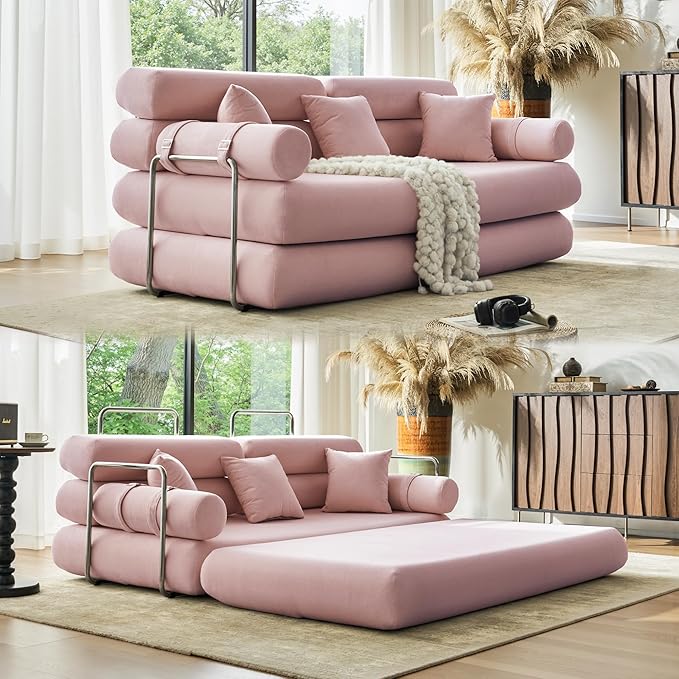 YINIX Convertible Sleeper Sofa - 35'' High-Back Floor Couch Bed - Folding Sofa Bed with Rounded Arm Supports - Floor Sofa Lounge Sofa Bed for Living Room - Pink