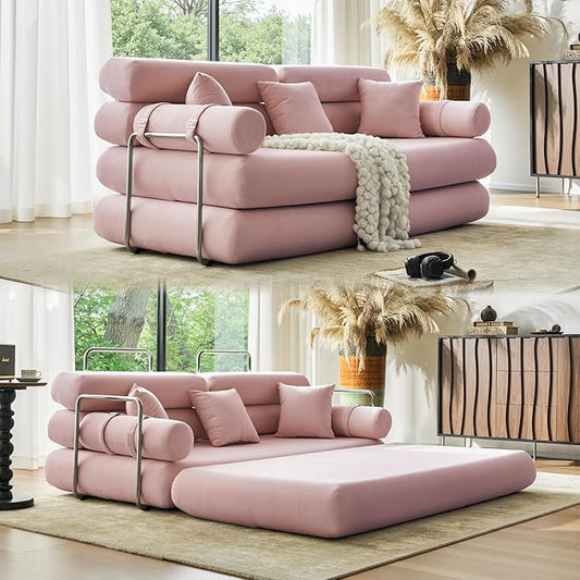 YINIX Convertible Sleeper Sofa - 35'' High-Back Floor Couch Bed - Folding Sofa Bed with Rounded Arm Supports - Floor Sofa Lounge Sofa Bed for Living Room - Pink