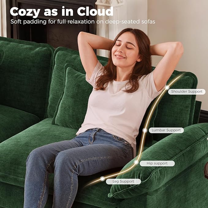HUSFU 120 Cloud Couch Modular Sectional Sofa with Ottoman 3-Seat Modern Chenille Upholstered U-Shaped Deep Seat Sofa Couch for Living Room Bedroom and Apartment Green
