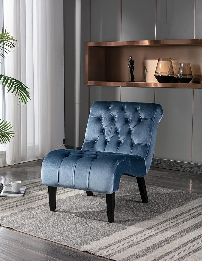Modern Armless Living Room Chair/Leisure ChairUpholstered Fabric Button Comfortable Chair with Wooden Legs for Bedroom Living Room Office (Light Blue)