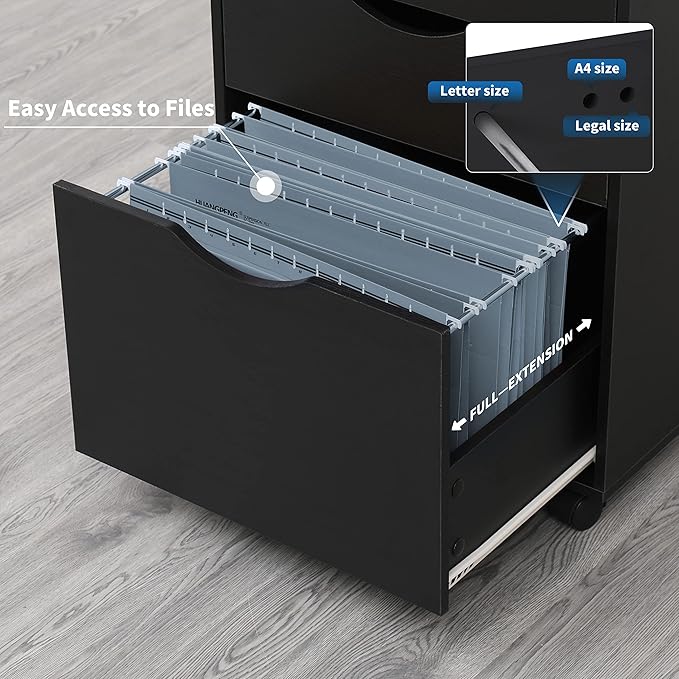 QDSSDECO 3 Drawer Mobile File Cabinet Rolling Vertical Filing Cabinet fits A4 Legal Paper and Letter Paper for Home Office Black