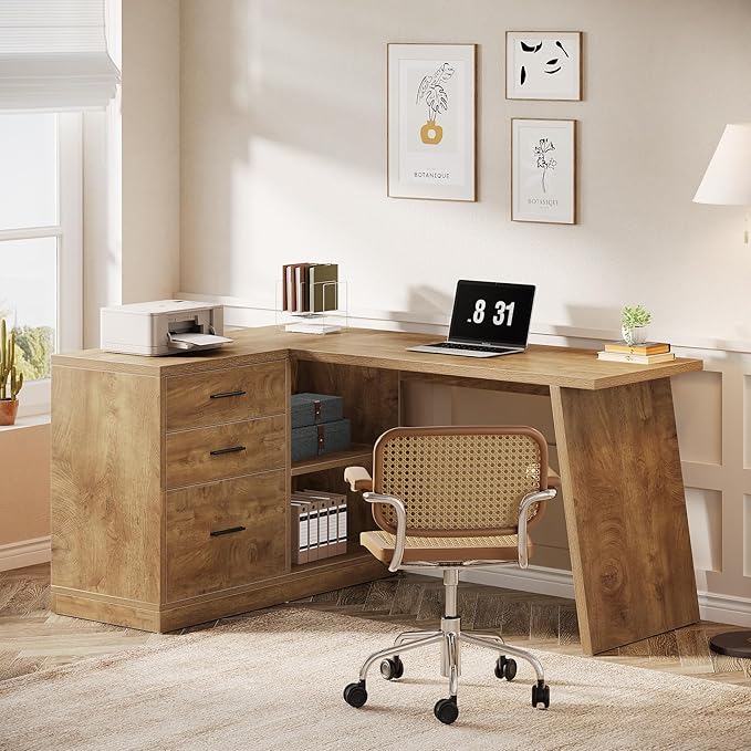 Tribesigns 55-Inch L Shaped Computer Desk with 3 Drawers Corner Home Office Desk with Storage Shelves Farmhouse Wood Executive Desk for Work Writing Sturdy Gaming Brown