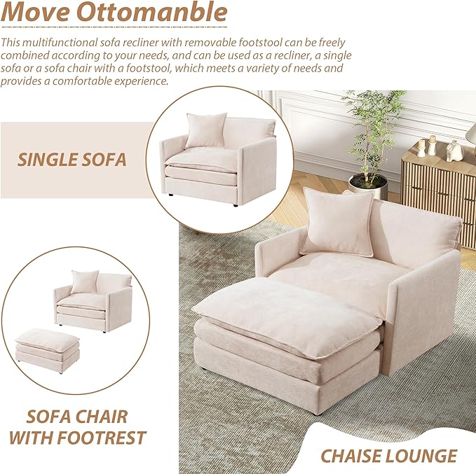 TTK Oversized Chaise Lounge Chair with Ottoman - 39.17 Wide Modern Sleeper Sofa for Living Room Bedroom &amp Office - Deep Seat Sectional Couch with Pillow Comfortable Reading Chair (Beige 39.17