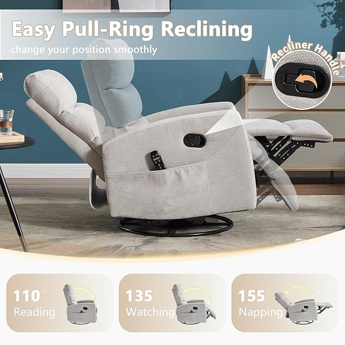 cinkehome Small Swivel Rocker Recliner Chair with Heated Massage Upholstered Nursery Glider Recliner Chair High Back Side Pocket (Beige Chenille Fabric)