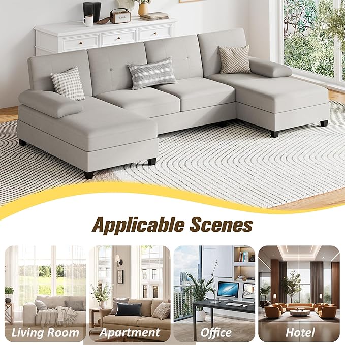 JY QAQA Sectional Couche with Soft Cushion U-Shaped Sofa with Double Chaise 4-Seat Linen Fabric Sofa Sets for Living Room Apartment Beige