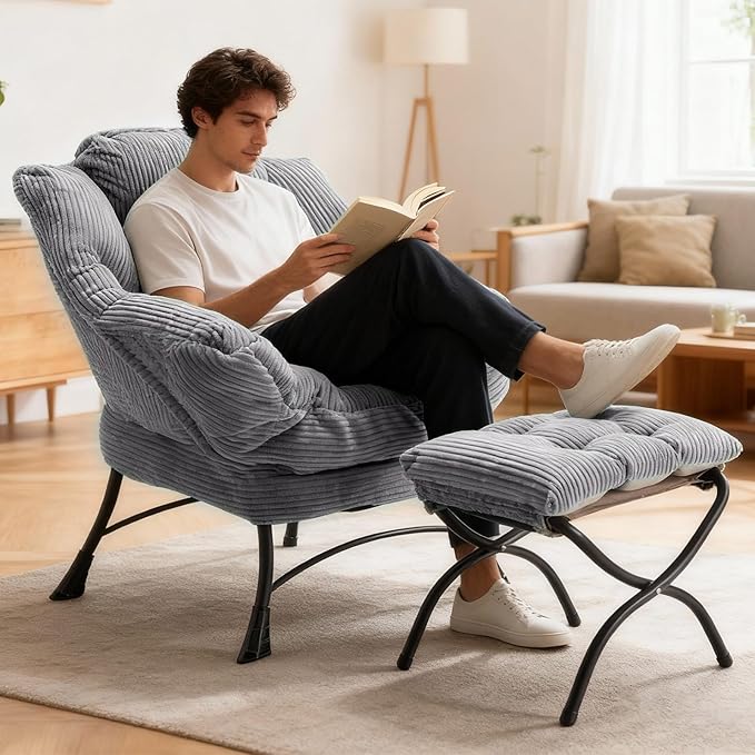 Corduroy Lazy Chair Set of 2 with Ottoman Ergonomic Comfy Reading Chair for Living Room Bedroom &amp Office in Small Spaces