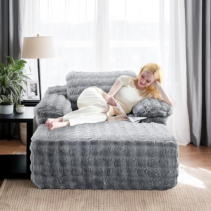VINGLI 67.7 Oversized Chaise Lounge Chair Indoor Reading Chairs Comfy Bubble Fleece Upholstered Boneless Sofa Bed Sleeper Sofa Cloud Couches for Living Room Bedroom Play Room (Light Grey)