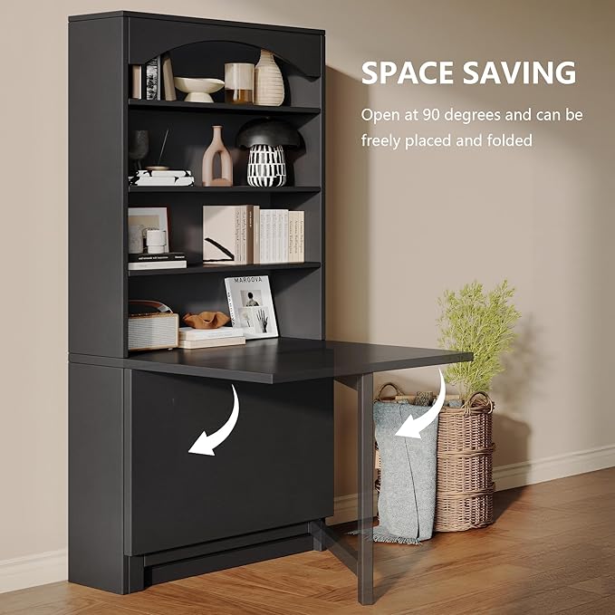 Folding Desk with Storage Space-Saving Foldable Convertible Writing Table Wall Mount Fold Out Computer Desk for Home Office Craft Room Living Room Bedroom Black