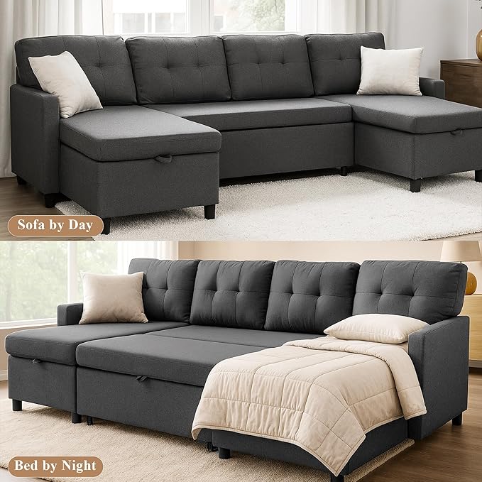 Sleeper Sofa Couch Oversized Pull Out Couch Bed with Storage Chaise Sectional Sleeper Sofa Bed for Living Room (Gray Double)
