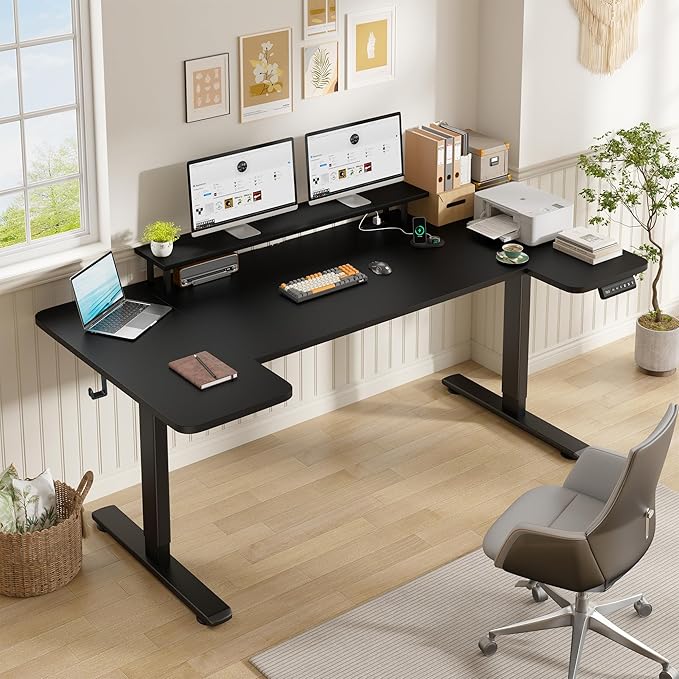 EnHomee 71 Inch Standing Desk Adjustable Electric with Monitor Stand Computer Desk with Power Strip Memory Height Home Office Desk for Home and Study Room Black