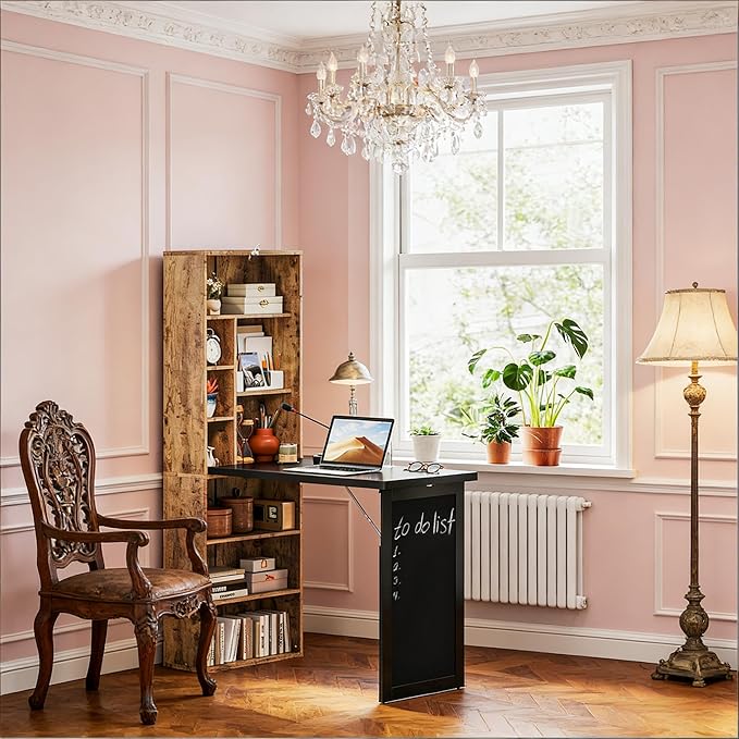 Murphy Desk with Storage Shelves Fold Out Hidden Computer Executive Desk Foldable Pull Out Writing Home Office Table with Blackboard for Bedroom Small Spaces (Rustic Brown)