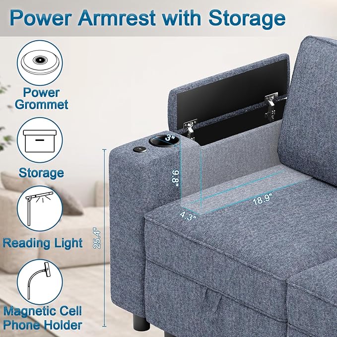 Armrest Module for Modular Sectional Sofa Couch Sofa Armrest with Cup Holder Couch Caddy with Storage Wireless Charging Stand &amp LED Light IncludedBlue