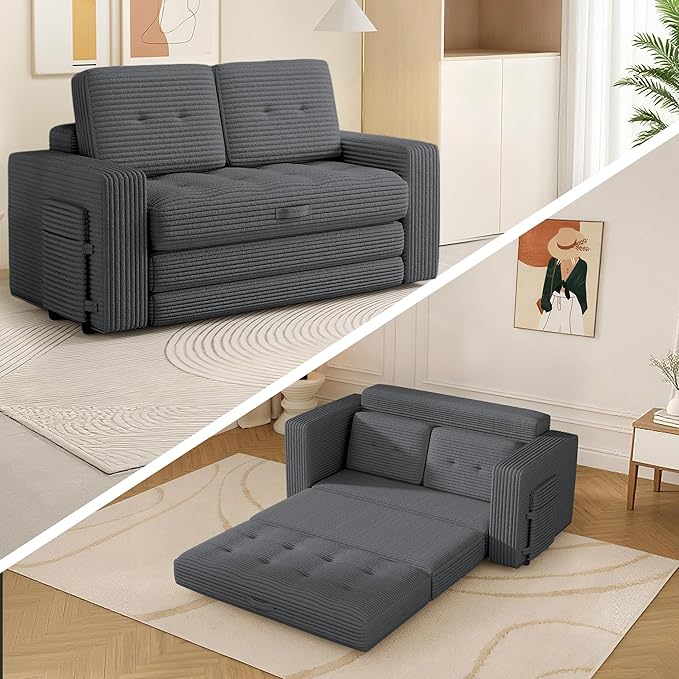 Convertible Boneless Sofa Bed 2 in 1 Pull Out Loveseat Sleeper Sofabed Folding Couch Bed with Pillows for Living Room Bedroom Small Space Grey