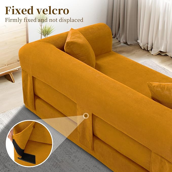 KBQ 3-Seat Convertible Sleeper Sofa Bed with 2 Pillows Corduroy Folding Mattress Couch Floor Sofa Lounge Couch for Living Room Bedroom Lounge Studio Yellow