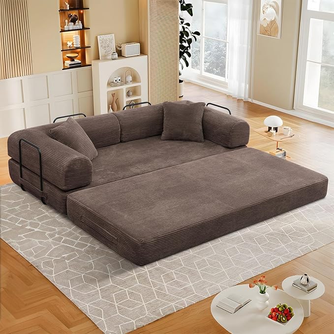 78 Convertible Sleeper Sofa Bed with Cylindrical Pillow Corduroy Folding Mattress Couch with Fixed Frame Floor Sofa Lounge Couch for Living Room Bedroom Apartment Brown