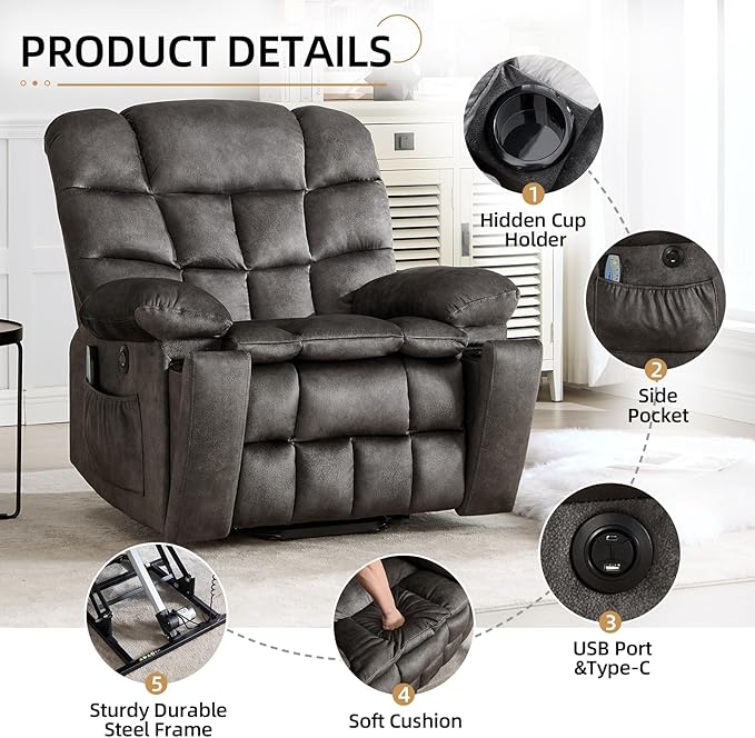 CANMOV Power Lift Recliner Chair for Elderly with Massage and Heat Electric Lift Chair with 2 Side Pockets and Cup Holders USB &amp Type-C for Living Room Black