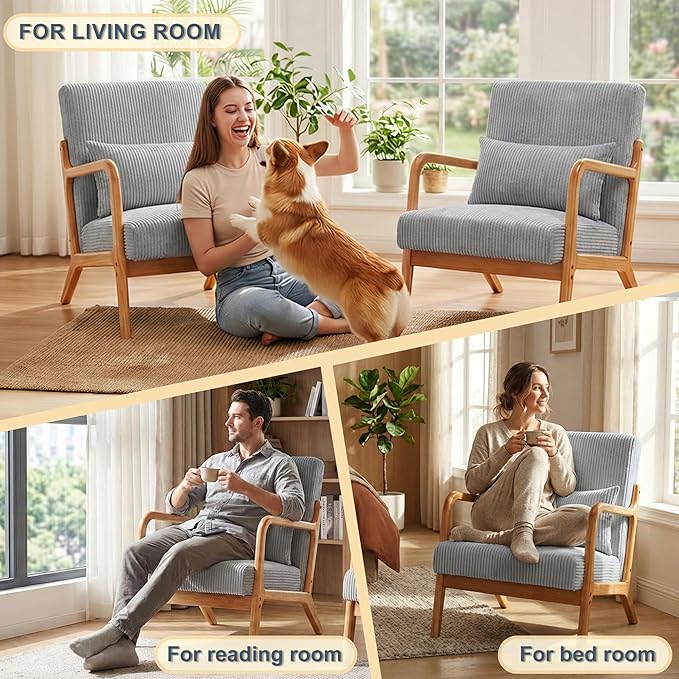 Mid Century Modern Accent Chair Upholstered Corduroy Armchair with Lumbar Pillow Solid Rubberwood Frame for Living Room Bedroom Waiting Room Light Grey